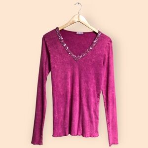 Vintage XCIT Pink Dyed Long Sleeve Shirt Beaded Stitch V-Neck USA Y2K Women’s XL